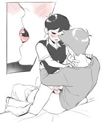 2boys absurdres anal black_hair blush bottomless collared_shirt commentary french_kiss greyscale hero_(omori) highres kiss male_focus monochrome multiple_boys omori pants penis ryuichirouart sex shirt short_sleeves simple_background spot_color sunny_(omori) sweater sweater_vest testicles white_background white_shirt yaoi