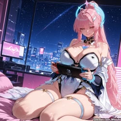 1girl aemeath_(wuthering_waves) ai_assisted ai_generated bangs bare_shoulders blush breasts cleavage curvaceous curvy curvy_female curvy_figure eyebrows_visible_through_hair female hair_between_eyes hair_ornament large_breasts leotard long_hair looking_at_viewer miyuai night night_sky nintendo_switch pink_hair sitting sky smile solo star_(sky) star_(symbol) starry_sky tacet_mark_(wuthering_waves) thick thick_ass thick_butt thick_hips thick_legs thick_thighs thigh_strap thighs very_long_hair voluptuous voluptuous_female wide_hips wide_thighs wuthering_waves yellow_eyes