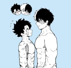 2boys abs black_&_white boku_no_hero_academia bones_(company) freckles izuku_midoriya looking_at_another male messy_hair midoriya_izuku monochrome multiple_boys my_hero_academia no_shirt pectorals riku_ff scar scar_on_arm shirtless shounen_jump shouto_todoroki size_difference smile tododeku todoroki_shouto topless two-toned_hair yaoi