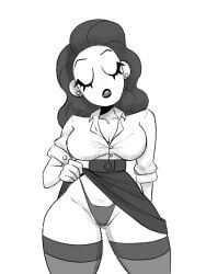 breasts cleavage earrings eyes_closed front_view grey_hair large_breasts long_hair looking_at_viewer office_clothing office_lady open_mouth original original_character panties skirt skirt_lift slim_waist stockings tagme thick_thighs tight_clothing underwear vanillasketchy voluptuous white_background white_body wide_hips