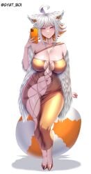 1girls animal_ears big_breasts breasts busty busty_female cleavage curvy curvy_figure demenishki huge_breasts indie_virtual_youtuber phone purple_eyes revealing_clothes short_hair solo tail thick_thighs thighs virtual_youtuber white_hair