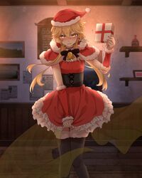 1boy aether_(genshin_impact) artist_request blonde_hair christmas crossdressing femboy genshin_impact long_hair male male_only present santa_costume santa_hat yellow_eyes