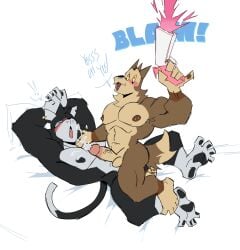 2boys ambush_(javigameboy) anal_sex bait_(javigameboy) biggbadstarwolf blushing cat cum cum_on_face cumshot dialogue javigameboy male male_only muscular muscular_male nipple_piercing nipples septum_piercing sex wolf