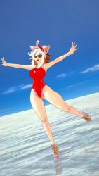 3d ahoge animal_ears arms_out closed_eyes demenishki indie_virtual_youtuber koikatsu leotard multicolored_hair ocean on_one_leg on_water one-piece_swimsuit open_mouth orange_hair outside shoes sky smiling sneakers sunglasses swimsuit tagme virtual_youtuber visor_cap vtuber water whistle white_hair