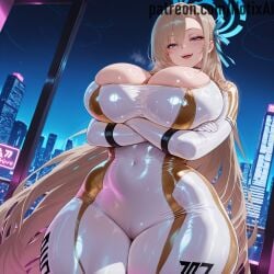 1girl 1girls ai_generated asuna_(blue_archive) big_ass big_breasts blonde_hair blue_archive blue_eyes bodysuit busty cityscape curvaceous curvy curvy_body curvy_female curvy_figure future gold_bodysuit halo hotel_room large_ass large_breasts long_hair multicolored_bodysuit notix sci-fi skintight thick_thighs thighs white_bodysuit wide_hips window
