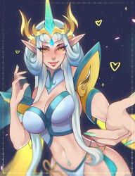 1girls 2023 2d artist_name big_breasts breasts celestial_(league_of_legends) cleavage curvaceous curvy curvy_body curvy_female curvy_figure earrings elf_ears eyelashes face_markings female female_focus female_only green_nails hair headgear heart heart-shaped_pupils heart_symbol hi_res horn immortal_journey_series immortal_journey_soraka jewelry league_of_legends long_hair mambolina nail_polish navel riot_games solo solo_female solo_focus soraka tagme watermark white_hair white_hair_female yellow_eyes