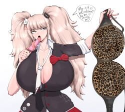 big_breasts blonde_hair bra danganronpa danganronpa:_trigger_happy_havoc enoshima_junko ice_cream junko_enoshima ladno_(artist) leopard leopard_print leopard_print_bikini long_tongue pigtails thick wet_body wet_breasts wet_skin