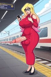 ai_generated balls balls_under_clothes ballsack blonde_hair breasts breasts_bigger_than_head cock covered_breasts erect_penis futa_cock futa_only futanari glasses green_eyes heels high_heels huge_breasts huge_cock looking_at_phone multicolored_hair penis public public_exposure public_nudity slim_waist snapperai spectacles testicles train train_station veiny_penis voluptuous voluptuous_body voluptuous_futa wide_hips