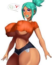 big_breasts black_eyes breasts breasts_bigger_than_head brown_skin brown_skinned_female cerebella clothed clothing crop_top crop_top_overhang curvaceous curvaceous_body curvaceous_female curvaceous_figure curvy curvy_body curvy_female curvy_figure dark_skin dark_skinned_female denim denim_shorts eyeshadow female female_only green_hair green_lips green_lipstick hourglass_figure hourglass_figured_female huge_breasts jack706631 jean_shorts large_breasts lips lipstick nipples_visible_through_clothing no_bra no_panties orange_crop_top purple_eyeshadow sexy_body sexy_female short_jeans skullgirls solo solo_female thick_ass thick_thighs thighs