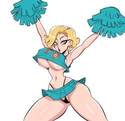 android_18 armpits arms_up blonde_hair blue_eyes breasts cheerleader cheerleader_outfit cheerleader_uniform dragon_ball earrings jumping large_breasts looking_at_viewer navel panties pompoms short_hair skirt slim_waist spread_legs tagme thick_thighs underboob underwear vanillasketchy voluptuous wide_hips