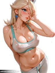 1girl ai_generated arlequin097 arm_behind_back armpit_crease bare_arms bare_shoulders blonde_hair blue_eyes blush breasts cleavage collarbone covered_nipples cowboy_shot crop_top crown drawstring earrings groin hair_over_one_eye jewelry large_breasts lips long_hair looking_up lowleg lowleg_pants mario_(series) midriff navel nintendo nipples no_panties one_eye_covered pants parted_lips patreon_logo patreon_username princess_rosalina see-through shiny_skin simple_background skindentation solo sphere_earrings sports_bra sportswear standing star_(symbol) star_earrings stomach super_mario_bros. sweat sweatpants track_pants wet wet_clothes white_background white_pants white_sports_bra yoga_pants
