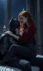 1boy1girl age_difference ai_generated barbara_gordon batgirl batgirl_(barbara_gordon) batman batman_(bruce_wayne) batman_(series) bruce_wayne cape dc_comics gloves kissing leather_clothing male/female masked_male older_male superhero warner_brothers younger_female