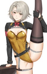 1girls anoreika_tomoe blush breasts bunnysuit closed_mouth clothing covered_navel feet_out_of_frame female female_only girls'_frontline girls'_frontline_2:_exilium gloves grey_hair groin_tendon leg_grab looking_at_viewer medium_breasts short_hair shrug_(clothing) single_thighhigh standing standing_on_one_leg standing_split thighhighs vector_(girls'_frontline) vector_(girls'_frontline_2) vector_(molotov_bunny)_(girls'_frontline_2) yellow_eyes