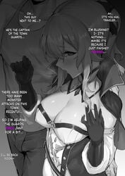 1boy 1girls blush breasts cleavage clothing dawalixi english_text erect_nipples female genshin_impact greyscale jean_gunnhildr large_breasts male netorare nipple_piercing nipple_piercings_under_clothes nipples_visible_through_clothing piercing pokies ponytail straight