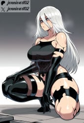 1girl a2_(nier:automata) ai_generated android armlet bare_shoulders black_footwear black_gloves black_shorts black_tank_top black_thighhighs blue_eyes boots breasts closed_mouth clothing collarbone elbow_gloves female gloves hair_between_eyes hand_on_own_knee high_heels jennieart02 joints large_breasts long_hair mole mole_under_mouth nier:_automata nier_(series) on_one_knee patreon patreon_logo patreon_username robot_joints short_shorts shorts single_thighhigh skindentation solo squatting sweat tank_top thick_thighs thigh_boots thighhighs thighs tile_floor tiles torn_clothes twitter twitter_username watermark web_address white_hair
