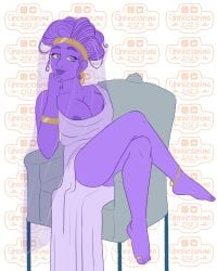 aphrodite aphrodite_(lore_olympus) big_breasts crossed_legs heart-shaped_pupils lore_olympus nipples purple_hair purple_skin seductive seductive_look seductive_pose sitting toga veil white_clothing