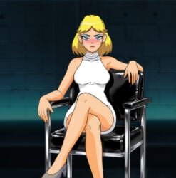 1girls blonde_female blonde_hair blue_eyes blue_eyeshadow chair clothed clothed_female earrings eyeshadow female female_focus female_only front_view high_heels light-skinned_female light_skin lipstick looking_at_viewer milf nickelodeon nicktoons rita_loud short_hair sitting solo solo_female solo_focus the_loud_house valker white_tank_top