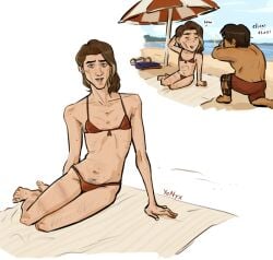 2d 2d_(artwork) arcane arcane_jayce arcane_viktor beach beach_background bikini bikini_bottom bikini_top color colored digital_media_(artwork) feminine_male feminization jayce_talis leg_brace male/male male_in_bikini male_in_lingerie male_only red_bikini summer viktor_(league_of_legends) yaoi