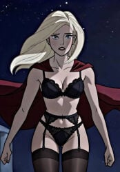1girls ai_generated black_bra black_panties black_thighhighs blonde_hair bra cape dc_comics female female_only garter_belt garter_straps lingerie panties solo supergirl supergirl_(tomorrowverse) thighhighs tomorrowverse