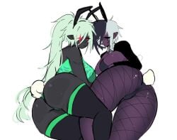 1x1x1x1 1x1x1x1_(forsaken) 2girls ass_focus betrayed_1x1x1x1 breasts bunnysuit dark_skin forsaken_(roblox) masked noli_(forsaken) red_eyes roblox robloxian thick_thighs white_hair