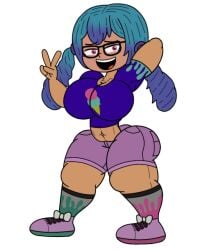 blue_hair blue_hair_female blue_hairband boobs clothed clothed_female dark-skinned_female dark_skin fan_character glasses liana pose robin2024_(artist) splatoon tennis_shoes