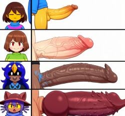 4futas alula_(oneshot) barbed_glans barbed_penis bird_girl brown_hair cat_ears cat_girl chara circumcised dark-skinned_futa frisk hyper_penis knotted_penis light_skin niko_(oneshot) oneshot penis_size_chart red_eyes scarf tagme veiny_penis yellow_eyes yellow_skin