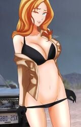 1girl artist_name black_bra black_gloves black_panties blonde_hair blue_eyes bra breasts brown_jacket cleavage dick_dastardly gloves groin jacket large_breasts long_hair looking_at_viewer motor_vehicle navel off_shoulder officer_jaffe one_eye_closed open_clothes open_jacket orange_hair outdoors panties panty_pull parted_lips scoob! solo tuskgoblin underwear undressing wacky_races