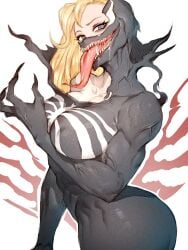 ass blonde_hair blue_eyes covered_nipples fumio_(rsqkr) genderswap genderswap_(mtf) huge_ass large_breasts long_hair long_tongue looking_at_viewer marvel sharp_teeth side_ass side_view simple_background spider-man_(series) symbiote thick_ass tongue venom_(marvel) white_background