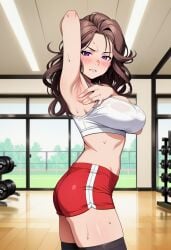 1girls ai_generated arm_up armpit armpit_fetish black_thighhighs breasts brown_hair female female_only goddess_of_victory:_nikke gym huge_breasts indoors ingrid_(nikke) large_breasts long_hair looking_at_viewer pale_skin pale_skinned_female purple_eyes red_shorts shorts thighhighs thighs voluptuous voluptuous_female wavy_hair white_sports_bra