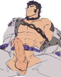 1boy abs balthus_von_albrecht bara english_commentary erection fire_emblem fire_emblem:_three_houses garreg_mach_monastery_uniform highres looking_to_the_side male_focus muscular muscular_male open_fly open_pants pants pectorals penis piikeisandaa shirt smile solo testicles white_background white_pants white_shirt