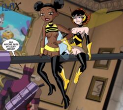 1boy 2girls afro_puffs arrow avengers biting_lip black_hair blue_eyes boots breasts brown_hair bumblebee_(dc) clint_barton crossover dark-skinned_female dc_comics dedx dialogue exposed_breasts exposed_pussy giantess green_eyes grinding hawkeye high_heel_boots high_heels janet_van_dyne marvel marvel_comics masturbation minigirl navel pussy pussy_juice red_lipstick riding shirt_lift shrinking shrunken_woman small_breasts speech_bubble superheroine teen_titans text the_avengers:_earth's_mightiest_heroes thigh_boots unseen_male_face wasp_(earth's_mightiest_heroes) wasp_(marvel) wet_pussy