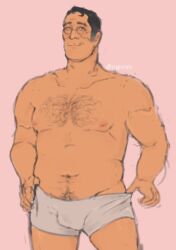 body_hair boxers boxers_only chest chest_hair glasses hairy hairy_male half_naked male male_only medic_(team_fortress_2) middle_aged_male smug tease teasing tf2