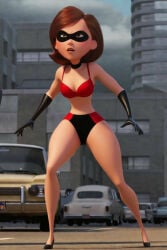 1girls ai_generated bra brown_hair domino_mask elastigirl female female_only milf panties screenshot_edit the_incredibles underwear underwear_only