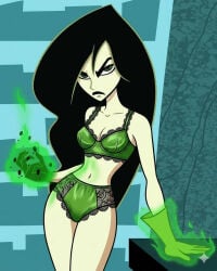 1girls ai_generated black_hair bra female female_only green_bra green_panties kim_possible panties shego solo underwear underwear_only