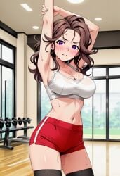 1girls ai_generated arm_up armpit armpit_fetish black_thighhighs breasts brown_hair female female_only goddess_of_victory:_nikke gym huge_breasts indoors ingrid_(nikke) large_breasts long_hair looking_at_viewer pale_skin pale_skinned_female purple_eyes red_shorts shorts thighhighs thighs voluptuous voluptuous_female wavy_hair white_sports_bra