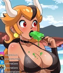 1girls bikini black_bikini black_lipstick black_sleeves bowsette choker earrings female horns ice_cream lake orange_hair red_eyes rule_36 solo_female valkiriacore