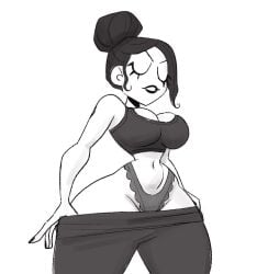 breasts cleavage closed_eyes grey_hair greyscale large_breasts leggings leggings_only navel original original_character panties slim_waist smile tagme thick_thighs tied_hair topwear underwear undressing vanillasketchy voluptuous white_background white_body wide_hips