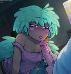 1boy 1girl black_eyes black_panties blush blush_stickers breasts cleavage dark-skinned_female dark_skin erection feathered_wings fellatio green_hair hetero kelly_(star_vs_the_forces_of_evil) male_pubic_hair marco_diaz medium_breasts monster_girl off_shoulder oral panties penis pubic_hair saliva saliva_trail solo_focus star_vs_the_forces_of_evil strap_slip tank_top tongue tongue_out uncensored underwear wings yellowroom
