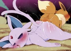 1boy 2girls animal_ears animal_sexualization anus ass ass-to-ass brown_fur colored_sclera commentary dagasi eevee english_commentary espeon hetero highres leafeon mating_(animal) multiple_girls open_mouth pokemon pokemon_(creature) purple_fur purple_sclera saliva sex tail testicles tongue tongue_out uncensored zoophilia