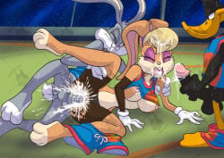 anthro_on_anthro balls breasts bugs_bunny cum cum_inside cum_on_face daffy_duck duck furry lola_bunny looney_tunes masturbation penetration rabbit rabbit_tail sex sourpusscheers space_jam:_a_new_legacy vaginal_penetration watching watching_sex