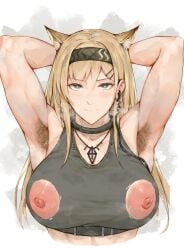 1girls animal_ears areolae arknights armpit_hair armpits arms_behind_head arms_up big_breasts blonde-haired_female blonde_female blonde_hair breasts clothed clothed_female clothing collar cutout earpiece female female_only functionally_nude functionally_nude_female hairy_armpits hands_behind_head hands_up headband headgear horn_(arknights) large_breasts laserflip light-skinned_female light_skin looking_at_viewer muscular muscular_female nipple_cutout nipple_cutouts nipples nipples_visible_through_clothing pendant rosaline straight_hair sweat topwear torn_clothes torn_clothing