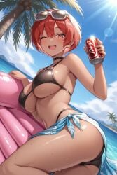 beach bikini blue_skin brown_skin goddess_of_victory:_nikke hammering_(nikke) red_hair short_hair smile tan-skinned_female