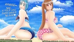 bikini blue_hair blue_hair_female blue_swimsuit brown_hair brown_hair_female brunette brunette_female brunette_hair daikaitenf dialogue eiyuu_densetsu english english_dialogue english_text english_translation estelle_bright extreme_size_difference falcom female_focus giant_female giantess green_eyes green_eyes_female josette_capua larger_female light-skinned_female light_skin light_skinned_female macro macro_female pink_swimsuit pokadot_bikini red_eyes red_eyes_female size_difference sora_no_kiseki swimsuit the_legend_of_heroes trails_in_the_sky trails_of_(series)
