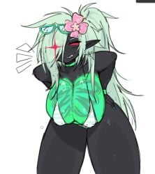 1x1x1x1 1x1x1x1_(forsaken) betrayed_1x1x1x1 bikini choker dark_skin fangs forsaken_(roblox) glasses_on_head nails_painted red_eyes roblox robloxian smug_face tropical white_hair