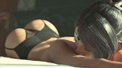 ass bed black_hair braid circlet closed_eyes female female_only garter_belt long_hair lying lying_on_stomach pointy_ears scar shadow sunlight thighs topless