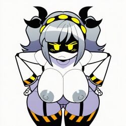1girls ai_generated annoyed big_breasts glitch_productions grey_hair grey_nipples hand_on_hip j_(murder_drones) leaning_forward murder_drones noir_genesis nude robot_girl solo thighhighs twintails wide_hips yellow_eyes