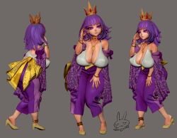 1girls 3d 3d_model 3d_render big_breasts collar crown floral_print gold_fingernails gold_jewelry heels jewelry long_fingernails nipples_visible_through_clothing no_bra purple_eyes sagging_breasts stretched_clothing