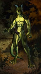 anthro athletic athletic_anthro athletic_male autumn bodily_fluids cum dragon erection forest genital_fluids genitals hi_res kres kresketh male male_only nude penis scalie solo stripes tree variri western wings