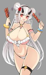 bikini cleavage curvy dragon_girl epic7 female food horns huge_breasts long_hair looking_at_viewer monster_girl pointy_ears red_eyes smiling thick_thighs thong white_hair yufine_(epic7)