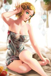 1girls 5_fingers 5_toes aqua_eyes bedroom_eyes blonde blonde_hair braided_hair breasts breath_of_the_wild cleavage clothed_female curvy esther-shen eyeliner feet female female_focus female_only foot_out_of_frame hairclip hand_in_hair hand_on_foot hylian large_breasts looking_at_viewer nintendo photo pointy_ears princess_zelda royalty short_hair solo tears_of_the_kingdom the_legend_of_zelda towel towel_only voluptuous zelda_(tears_of_the_kingdom)